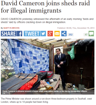 News coverage of Prime Minister 'beds in sheds' immigration raid, image used in our focus group.