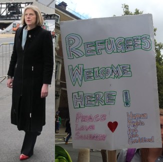 Theresa_May_visits_Olympic_Park_2011 - refugees welcome here