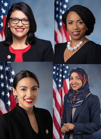 Images of the four Congresswomen attacked by Trump, clockwise from top left: Rashida Tlaib, Ayanna Pressley, Ilhan Omar, Alexandria Ocasio Cortez